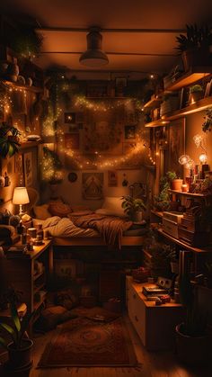 a dimly lit bedroom with lots of plants on the shelves and lights in the ceiling