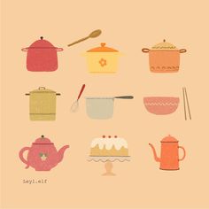 an assortment of kitchen utensils and pots on a beige background with the words lazy left above them