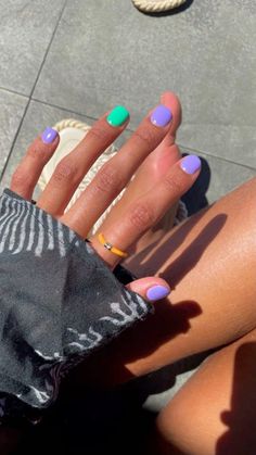 2 Color Manicure, Painted Nails Ideas Polish Simple, Summer Opi Colors, Gel Nail Color Combinations, All Nails Different Colors, Super Short Spring Nails, Nail Color To Make You Look Tan, Each Hand Different Nail Color, Bright Vacation Nails Neon