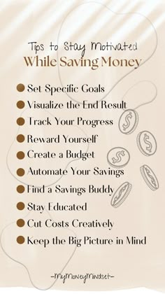 a poster with the words tips to buy motivation while saving money on it's back