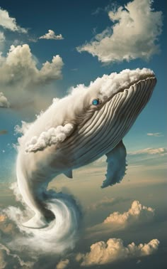 a large whale floating in the air with clouds around it's head and eyes