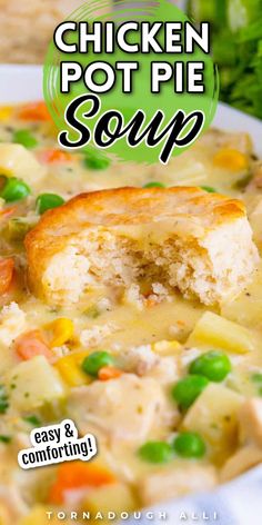 chicken pot pie soup in a white bowl