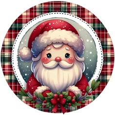 a christmas card with a santa clause on it's face and holly wreath around the neck