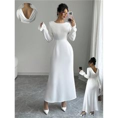 -Item Id 44476850 -Details: Zipper -Neckline: Round Neck -Sleeve Type: Flare Sleeve -Style: Elegant -Type: A Line -Waist Line: High Waist -Hem Shaped: Flared -Color: White -Pattern Type: Plain -Sleeve Length: Extra-Long Sleeve -Fit Type: Regular Fit -Length: Long -Material: Woven Fabric -Composition: 100% Polyester -Care Instructions: Hand Wash Or Professional Dry Clean -Sheer: Semi-Sheer -Fabric: Non-Stretch **Open To Offers!!!** **Bundle To Save More** **30% Off Bundles Of 2 Or More Items!!** Boat Neck Dress, Ankle Length Dress, Extra Long Sleeves, Women Maxi, Sheer Fabric, High Low Hem, Cinched Waist, Style Elegant, Sheer Fabrics