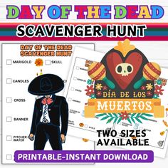 Day of the Dead Scavenger Hunt - Día de Muertos Day Of The Dead Party Games, Coco Party, Spanish Learning Activities, Scavenger Hunt Printable, Day Of The Dead Party, Print Center, Baby Shower Invitaciones, Día De Muertos, Pass Out