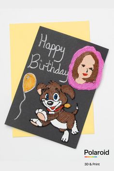 a birthday card with a dog and a balloon on it's side that says happy birthday