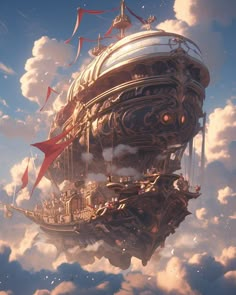 a ship floating in the sky with clouds