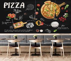 a restaurant wall mural with pizzas and toppings on the chalkboard behind it