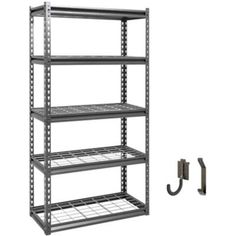 a metal shelving unit with four shelves and an umbrella hook on the wall next to it