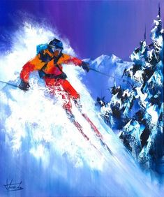 a painting of a person skiing down a mountain