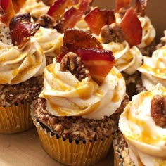 cupcakes with bacon and cream frosting in a box