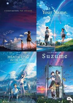 four movie covers with anime characters in the middle one is blue and the other has white