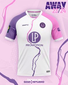 the front and back of a soccer jersey with purple details on it, which reads up promotion