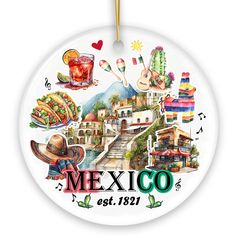 a round ornament with mexican images and words on it, hanging from a rope