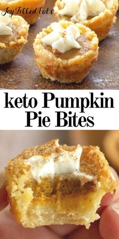 keto pumpkin pie bites with cream cheese on top and in the middle, being held up by a hand