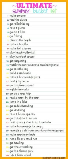 the ultimate summer bucket list is shown in yellow and white, with an orange border