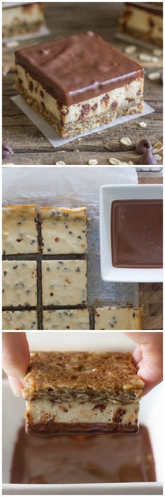 chocolate and peanut butter squares are on a table next to a bowl of dipping sauce