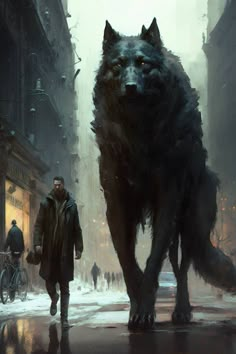 a man walking down a street next to a wolf