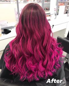 Hot Pink Hair Balayage, Hot Pink Hair Streaks Brunette, Hot Pink Balayage, Hot Pink Roots With Black Hair, Hot Pink Baylage Hair, Purple Red Hair Color, Brown Hair With Pink Highlights, Magenta To Pink Ombre Hair