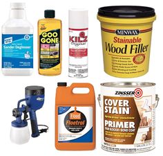 several different types of wood fillers, including paint and varnishing products on a white background