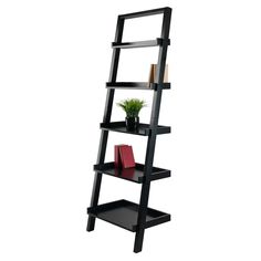 a black leaning shelf with books and a potted plant on top, against a white background