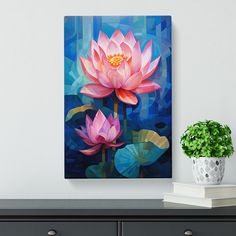 a painting of two pink water lilies on a blue background