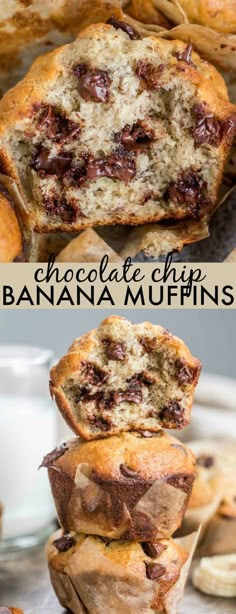 chocolate chip banana muffins stacked on top of each other