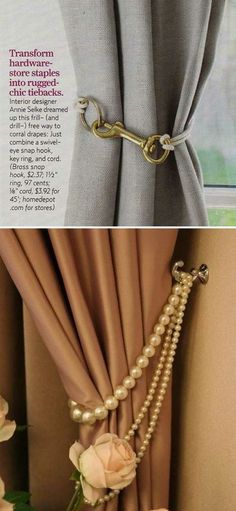 the instructions for how to make curtains with beaded trimmings and gold hardware