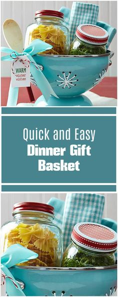 two pictures with the words quick and easy dinner gift basket in front of each other