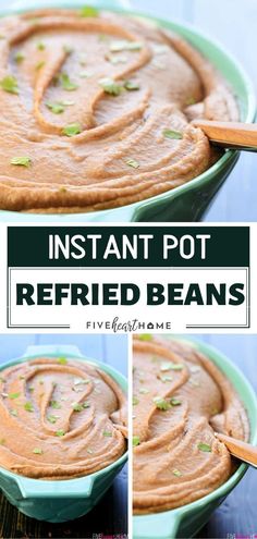 three pictures showing the steps to make instant pot refried beans in a green bowl