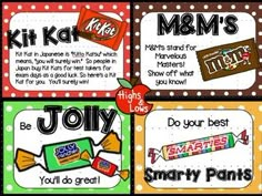 candy bar labels with the words,'kitkatt m & m's '