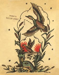 an old book with two birds flying over water