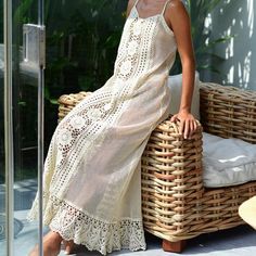 Castaway Maxi Dress – Andi Bagus Spring Crochet Trim Beach Cover-up Dress, Crochet Lace Cover-up For Vacation, Sleeveless Lace Beach Dress, Summer Crochet Lace Beach Cover-up, Beige Delicate Lace Summer Dress, Beachy Spring Lace Dresses, Summer Lace Work Maxi Dress, Beige Lace Dress For Summer, Beachy Lace Dress For Spring