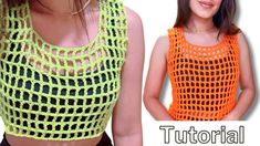 a woman wearing an orange and black crochet top