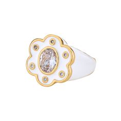 14k gold dipped Willow ring in ivory enamel with cz 0.5" H White Enamel Open Ring For Anniversary, Elegant Gold Diamond Ring With Enamel, Formal White Enamel Rings, White Open Ring With Enamel, Elegant White Enamel Ring For Anniversary, White Diamond Open Ring With Metal Band, White Enamel Anniversary Rings, White Enamel Open Ring, White Enamel Elegant Rings