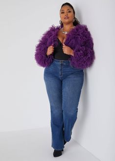 Elevate your evening ensemble with this statement-making cropped ruffled tulle shrug. This elegant piece features an open front, perfect for layering over your favorite cocktail or formal attire. A true showstopper for special occasions. Purple Faux Fur Coat, Black Dress Work, Purple Magic, Red Holiday Dress, Plus Size Trendy, Dresses Date Night, Evening Jacket, Church Dresses, Evening Jackets