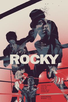 the rocky movie poster is shown in black and white, with an image of two men on