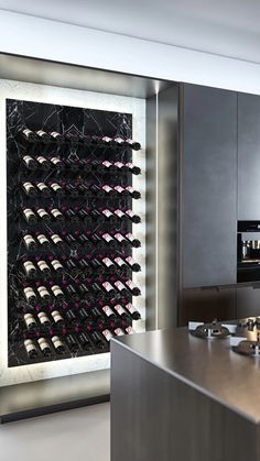 a wine rack in the middle of a kitchen