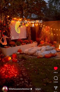 an outdoor halloween scene with pumpkins and lights