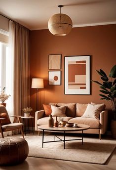 a living room with brown walls and furniture