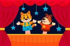 the cat and dog are standing on stage with red curtains, stars hanging from the ceiling