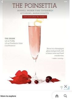 an advertisement for the poinsettia restaurant with a glass filled with champagne and cherries