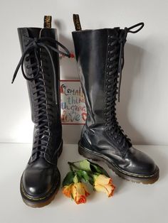 I have a selection of more than 500 pair of RARE, VINTAGE Dr Martens boots. Please visit my SHOP to check out my other DOCs. I will be listing new ones every day.  Dr Martens 20 hole knee high 1420 england vintage black UK3 EU36 US5 tall boots Condition: 8/10 Let me know in case you have any questions Vintage Black High Ankle Lace-up Boots, Alternative Style Fitted Boots With Round Toe, Grunge Style Lace-up Boots With Round Toe For Winter, Winter Knee-high Platform Boots For Alternative Fashion, Fall Combat Boots For Alternative Fashion, Fall Knee-high Combat Boots For Alternative Fashion, Gothic Knee-high Combat Boots For Winter, Punk Knee-high Lace-up Boots For Winter, Grunge Knee-high Boots For Fall