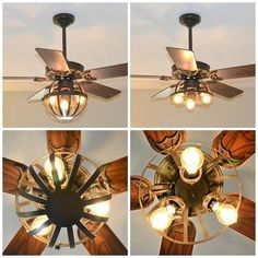 four different views of a ceiling fan with light bulbs