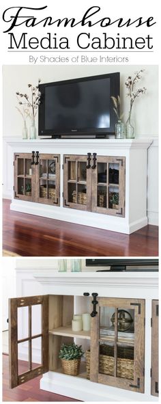 an entertainment center made out of old windows and doors with text overlay that says farmhouse style media cabinet