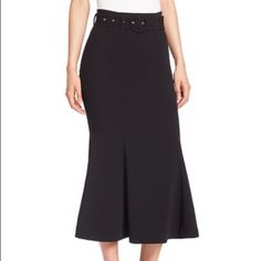 Belted Midi With Flared Hem Side Zip Appr 36" Long Triacetate Poly Blend Elegant High Waist Belted Skirt, Fitted Belted Pencil Skirt, Elegant High-waist Belted Skirt, Fitted Belted Flared Skirt Bottoms, Fitted Belted Flared Skirt, Elegant Belted Long Skirt, Elegant Belted Skirt For Night Out, Elegant Long Belted Skirt, Fitted Midi Length Belted Bottoms