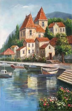 an oil painting of boats docked in front of a house on the water with mountains in the background