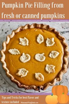 pumpkin pie filling from fresh or canned pumpkins with text overlay that reads tips and tricks for best flavor and texture included