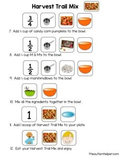 the harvest trail mix worksheet is filled with pictures and words to help students learn how