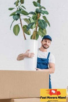 a man holding a plant in a cardboard box with the words fast movers miami